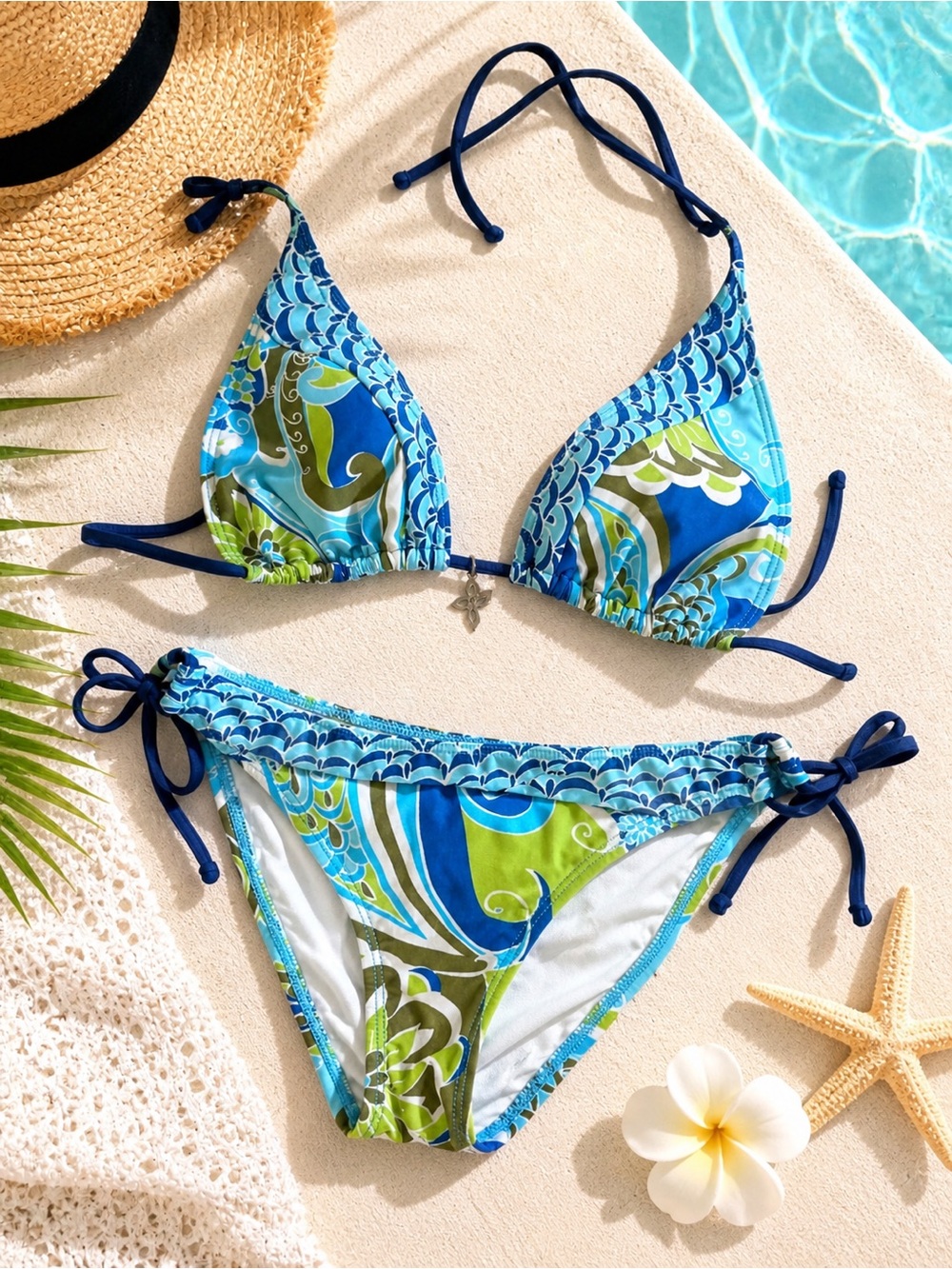Blue Green Tropical String Bikini Set Charm Detail Tie Side Bottom Size Small